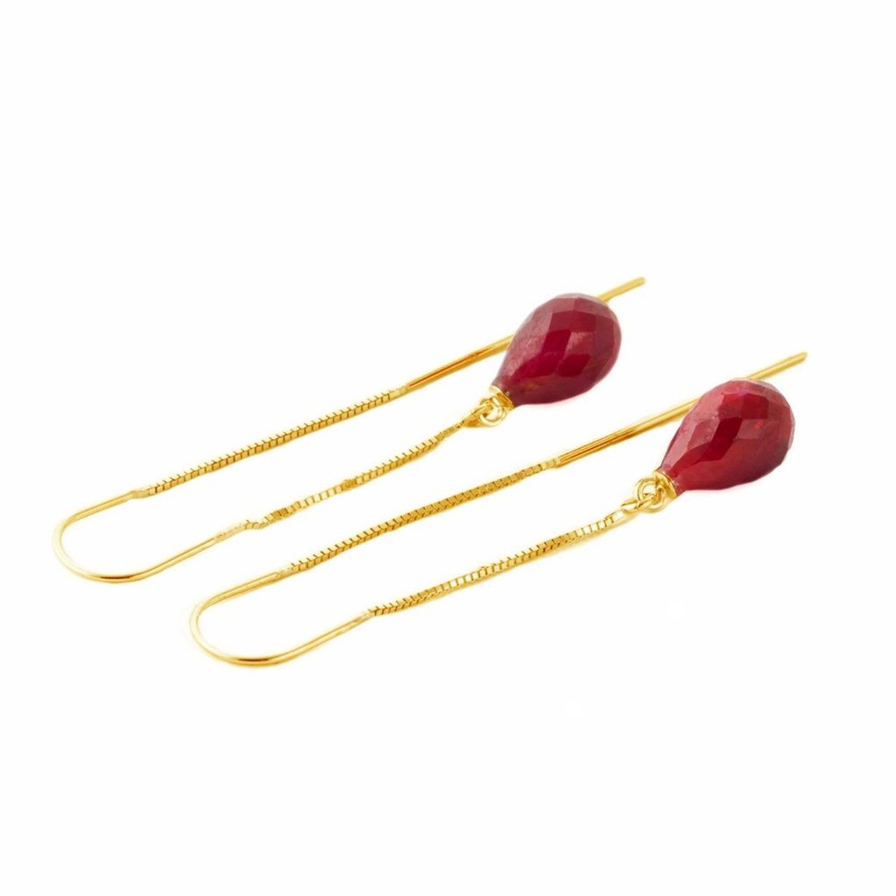 14K. GOLD THREADED DANGLES EARRINGS WITH RUBIES - Picture 3 of 7